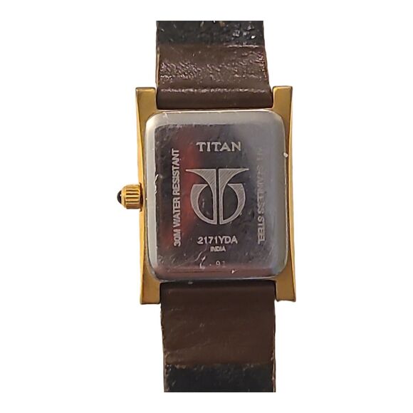 Titan Watch 2171YDA India Gold Tone Case Brown Leather Band Needs New Battery - Picture 5 of 8